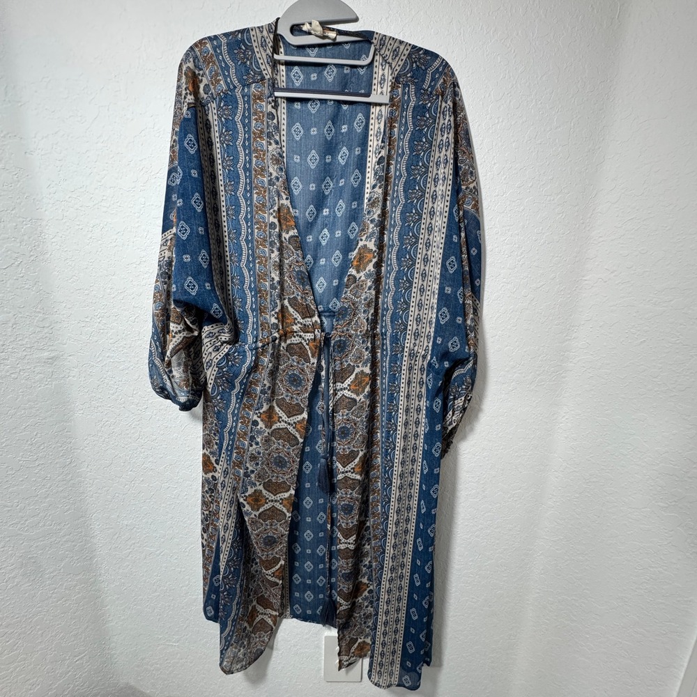 Sandy &‎ Sid Women Kimono Cardigan Blue Paisley Duster Drawstring Tassel Large